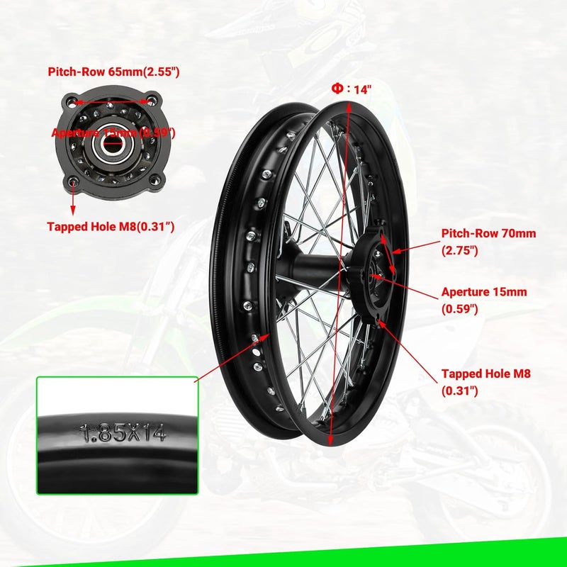 XIKOBY 1.85x14 Rear Wheel Rim and 12mm Bearings Strip Kit fit 90/100-14 3.00-14 14 Inch Dirt Pit Bike Tire KLX125 KX85 TTR125 YZ80 RM80 Taotao DB17 SR150 DR90 Apollo 125 Motorcycle Parts (15mm Axle) - Image 2